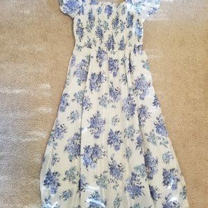 LOFT Cotton Smocked White Blue Floral Dress XSP